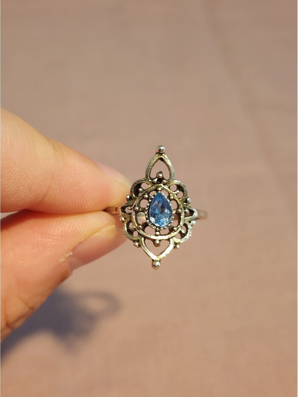 Vintage Silver Ring with Blue Teardrop Gemstone Size 7.5